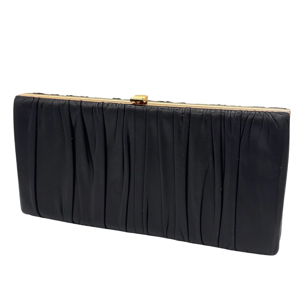 Shirl Miller Ruched Clutch Womens‎ Black Leather Vintage Gold Frame USA classic